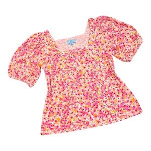 CECE Blouse Puff sleeves Pull over Square neck Floral Medium Like new